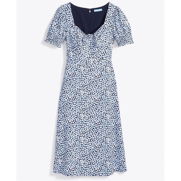 Draper James Patsy Dress Square Geo Smocked Puff Sleeve A-Line Sweetheart Neck - Picture 1 of 15